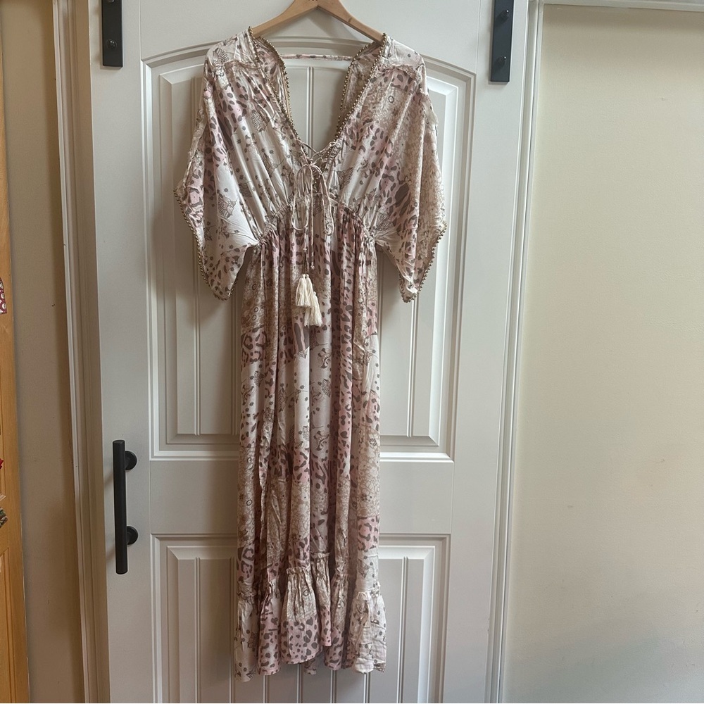 Z&L Boho Maxi Dress Pink Floral Animal Print Tassel Tie Waist Size S